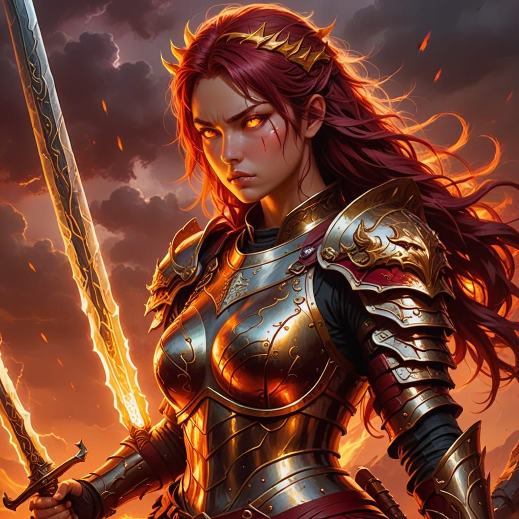 Elegant Female Warrior in Dragon Armor, Radiant with Yellow ...