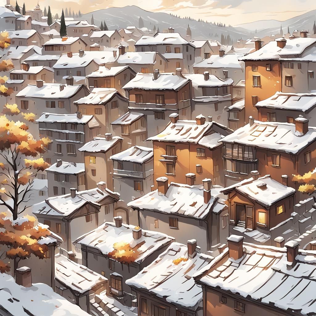 Snowy Italian Village in Anime Style