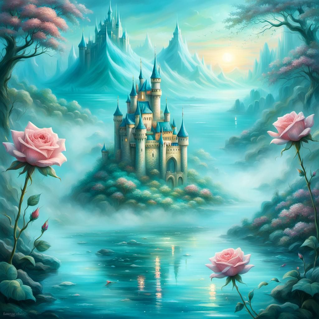 Mystical Rose Castle Rises in Ethereal Fantasy Art