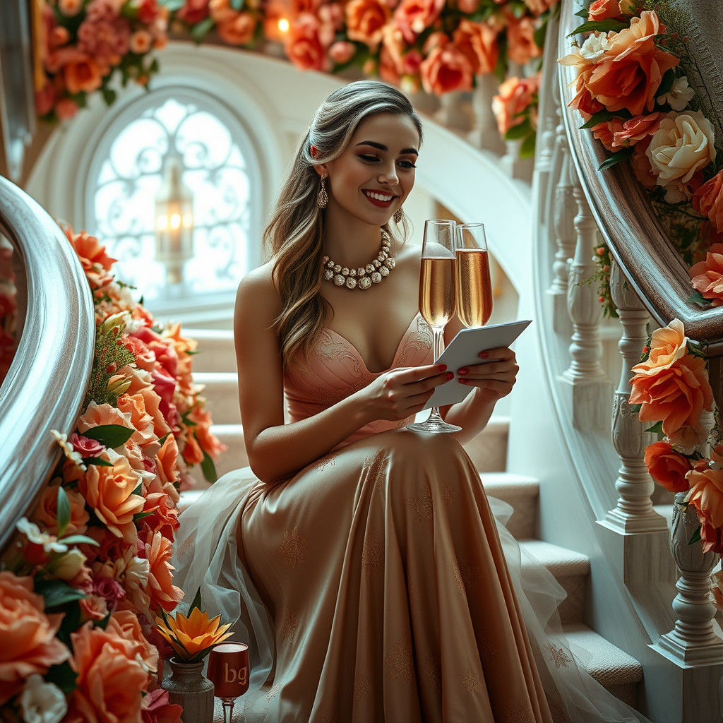 Elegant Woman Reading Letter in Opulent Home