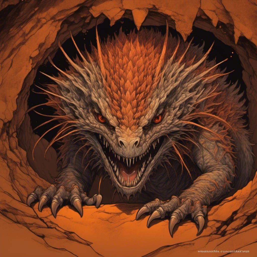 Eerie Furry Monster Emerging from Dark Cave: Fantasy Art