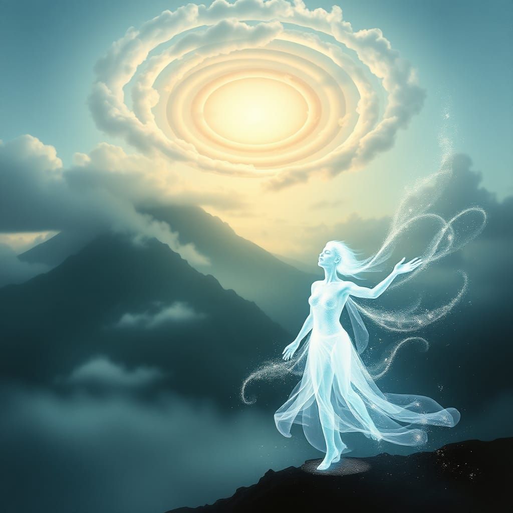 Ethereal Being in Tahitian Mountain Landscape