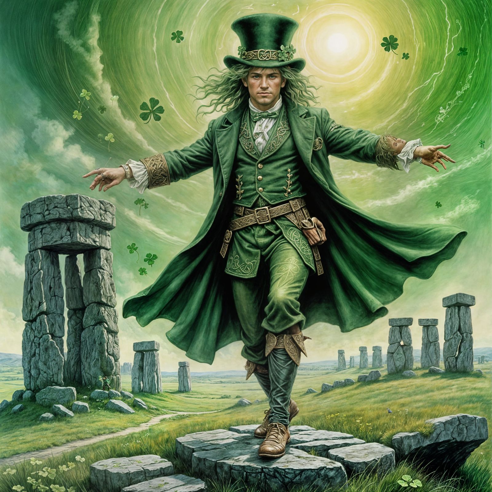 Leprechaun Dances on Stonehenge in Pastel Style