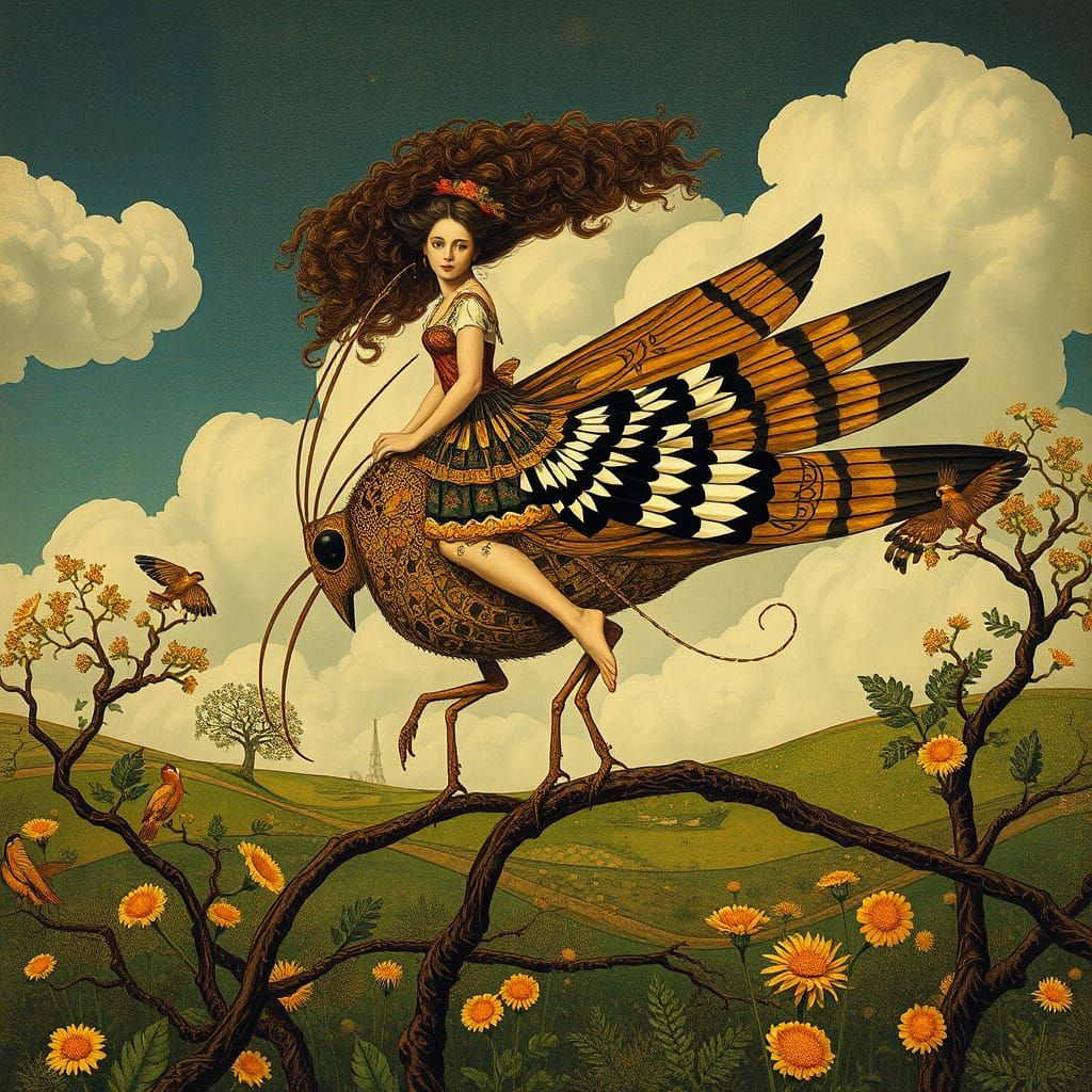 Golden Age Goddess on a Majestic Insect in a Whimsical Lands...
