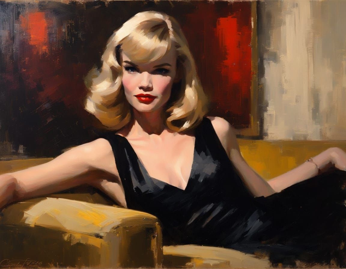 Impressionist Blonde Relaxing in Retro Elegance