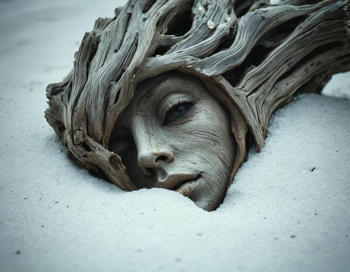 Driftwood Woman Portrait on Winter Beach