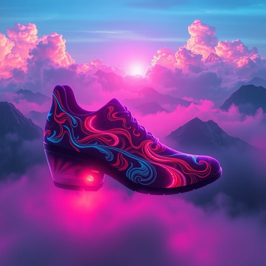 Majestic Shoe with Flowing Streams and Luminous Clouds