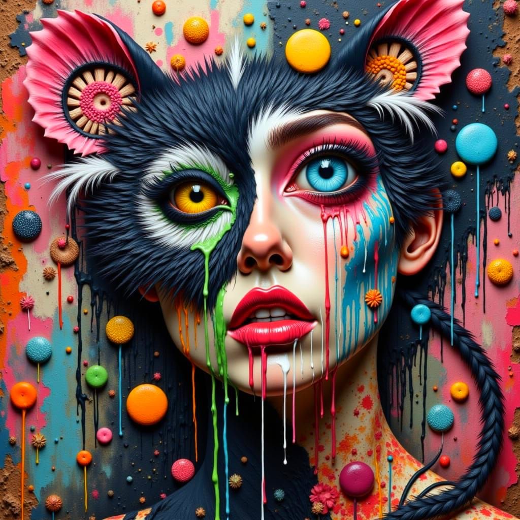 Surreal Skunk-Woman Face Fusion with Dripping Effects