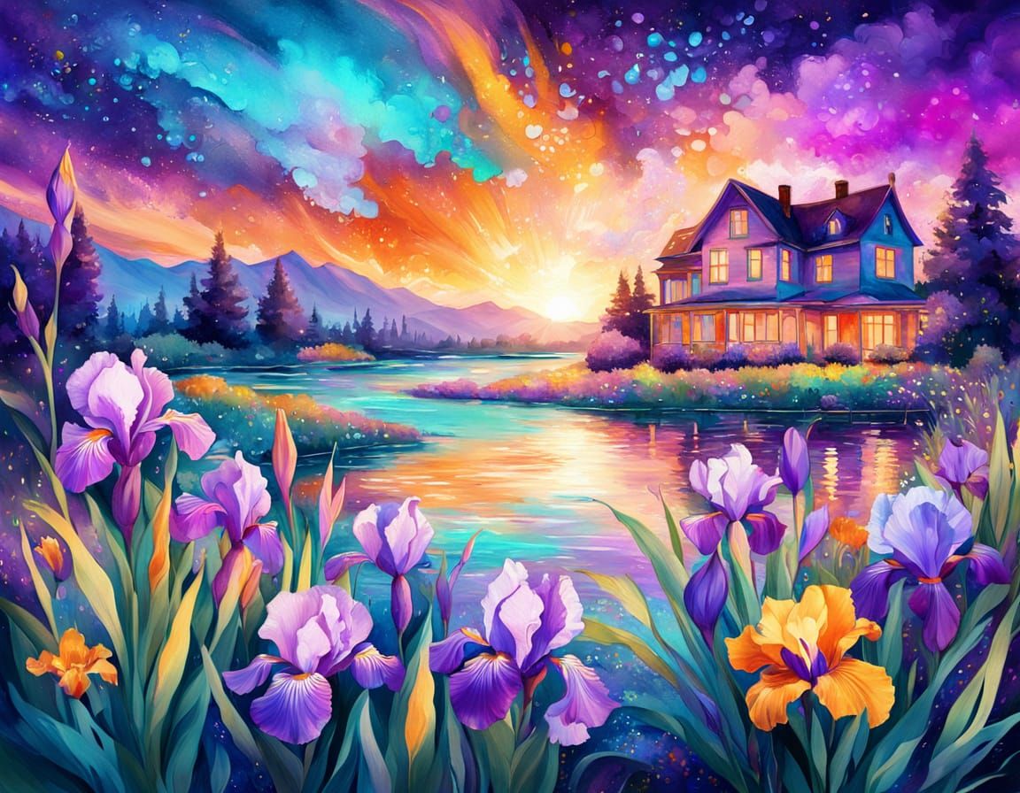 Astral Iris and Daisies Digital Abstract Painting