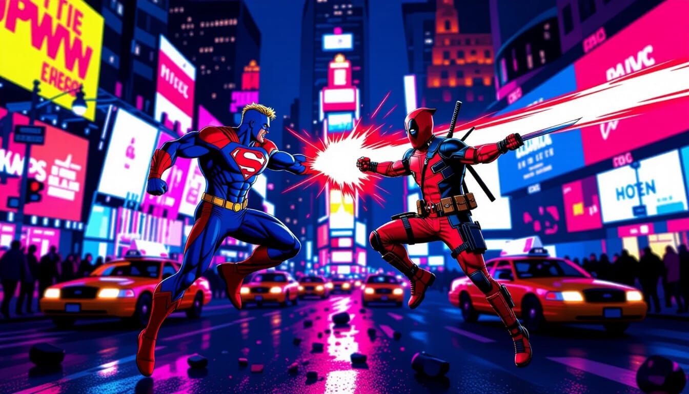 Homelander Battles Deadpool in Neon Times Square