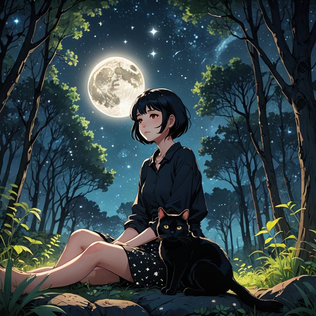 Anime Woman with Cat Gazing at Moon