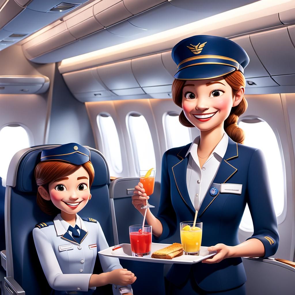 Friendly Stewardess Offers Drinks in Luxurious Airplane