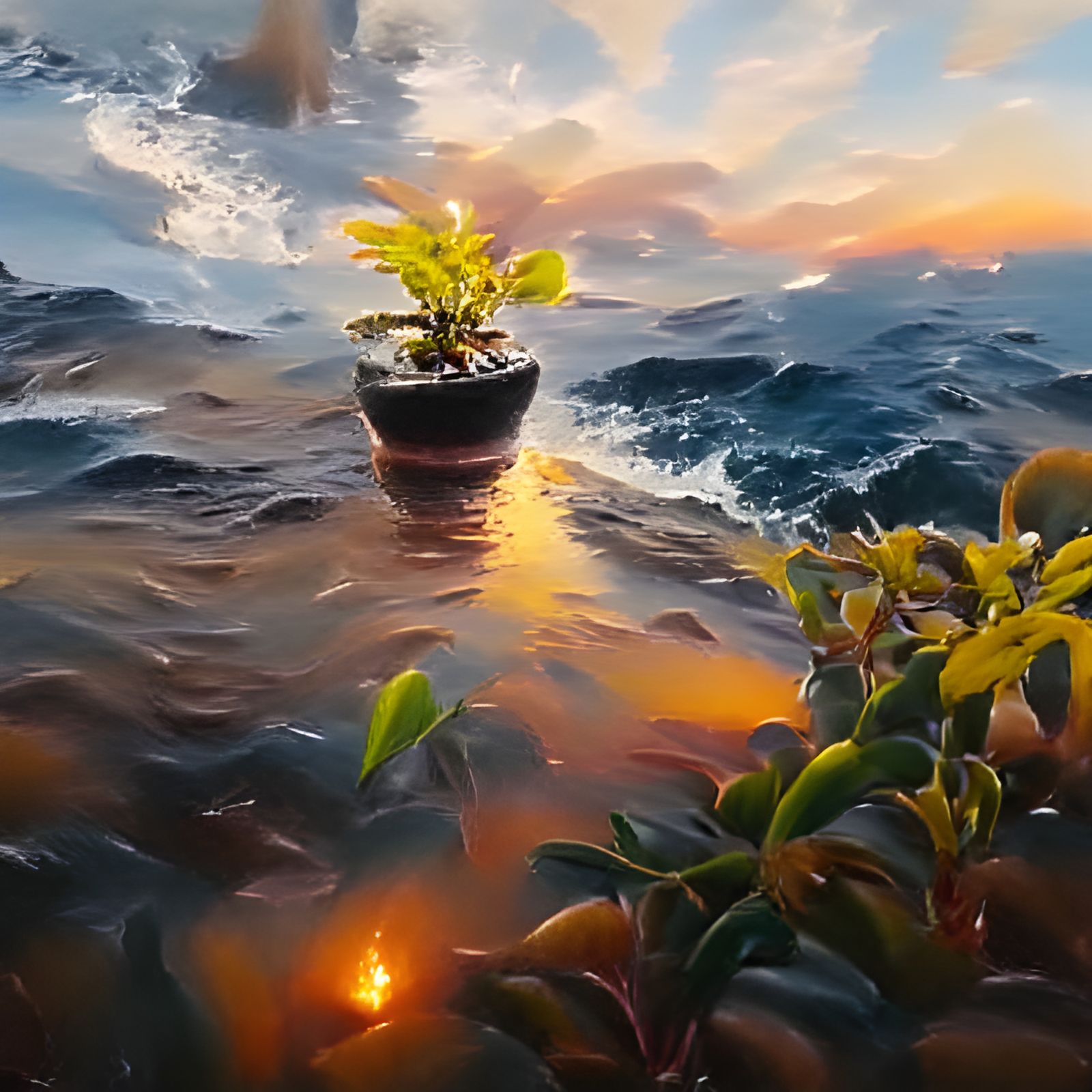 Flower Pot Sunset Ocean Oil Painting