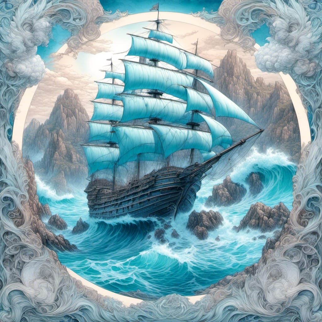 Ship and Isle Under Fractal Moon, Digital Painting