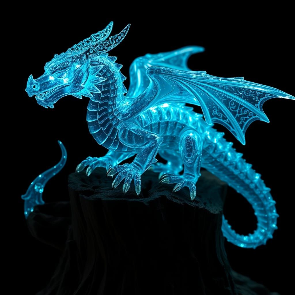 Bioluminescent Crystal Dragon Sculpture on Tree Stump