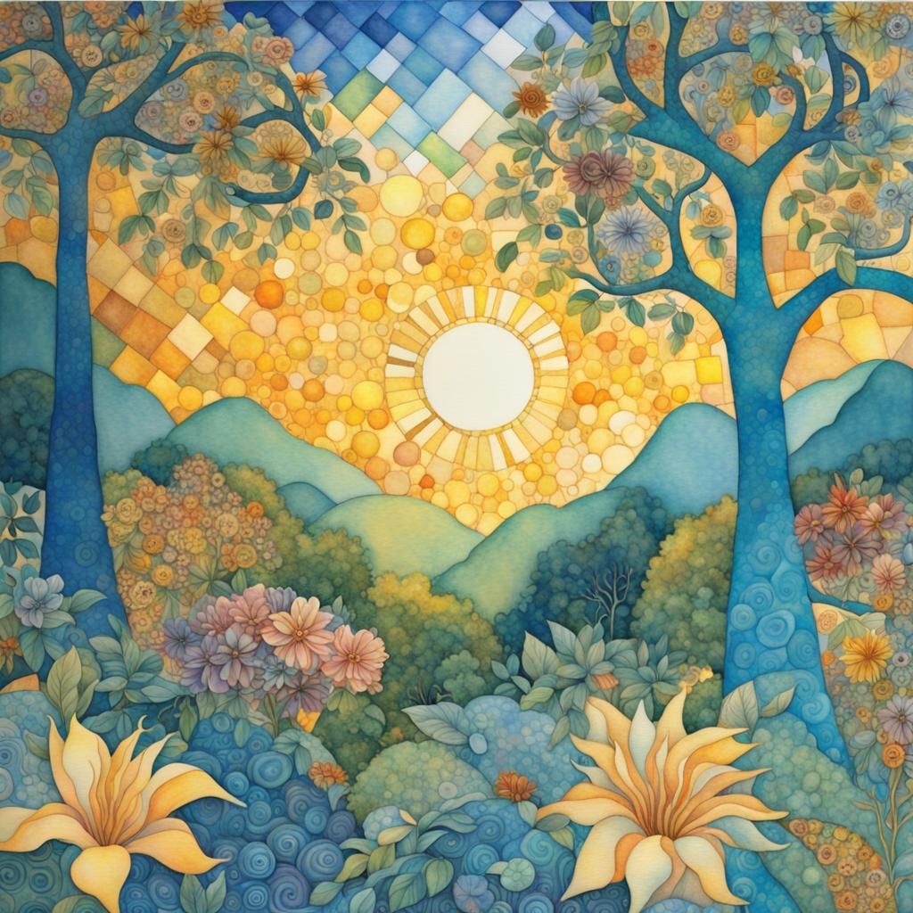 Klimt-Style Sunrise Over Tropical Garden