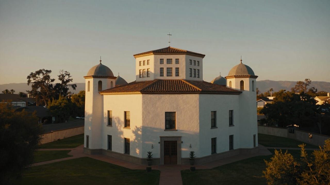 Californian Spanish Colonial Building with Domed Towers