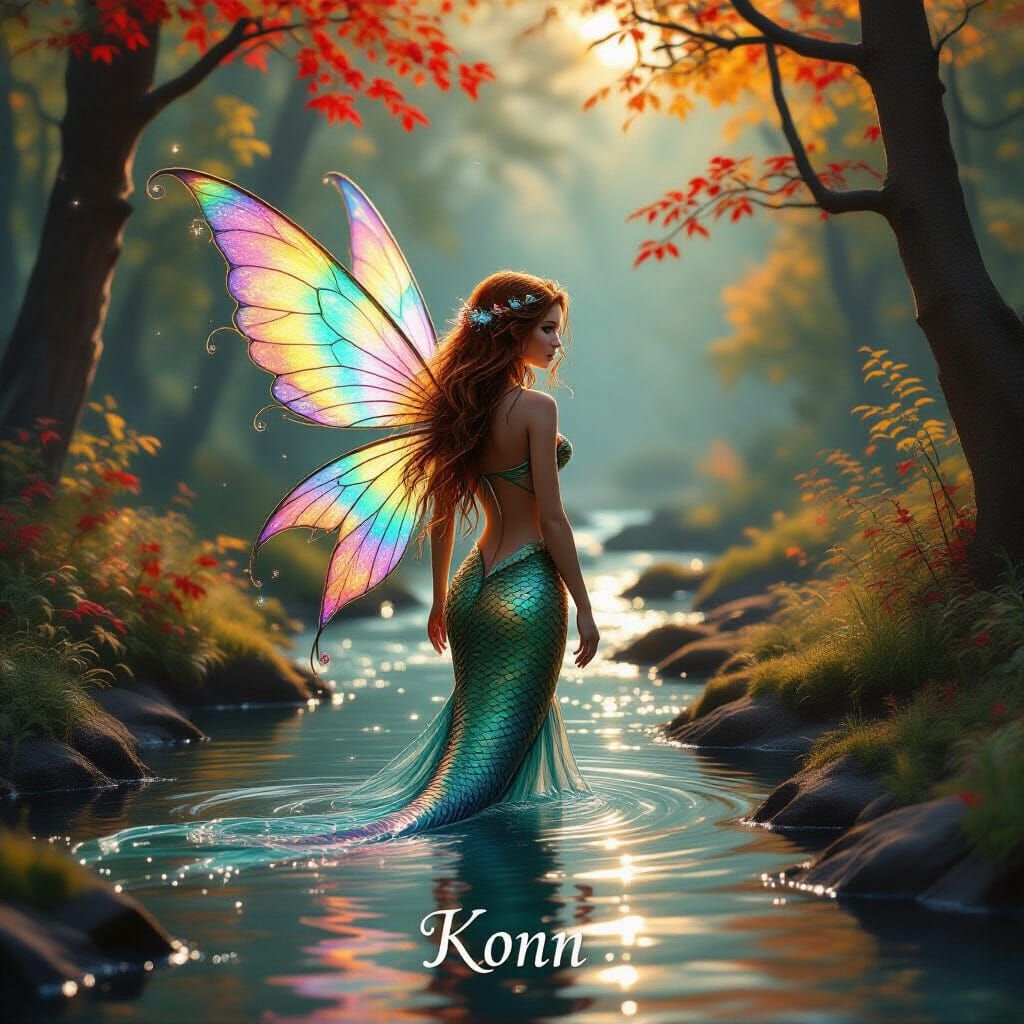 Mermaid with Fairy Wings in Enchanted Autumn Forest