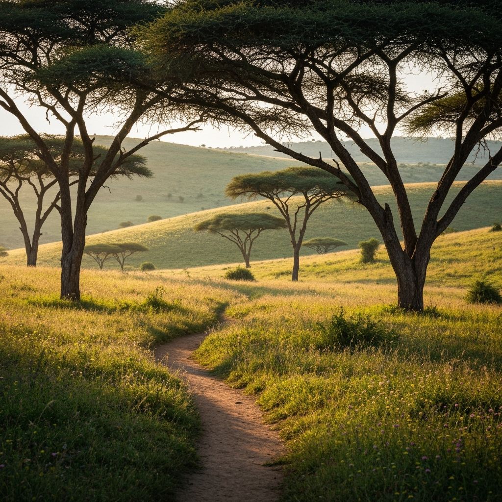 Savanna Path with Acacia Trees in Photorealistic Style