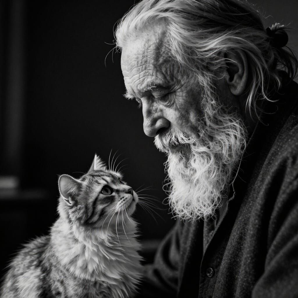Elderly Man Gazes at Cat in Dramatic Black and White Photo