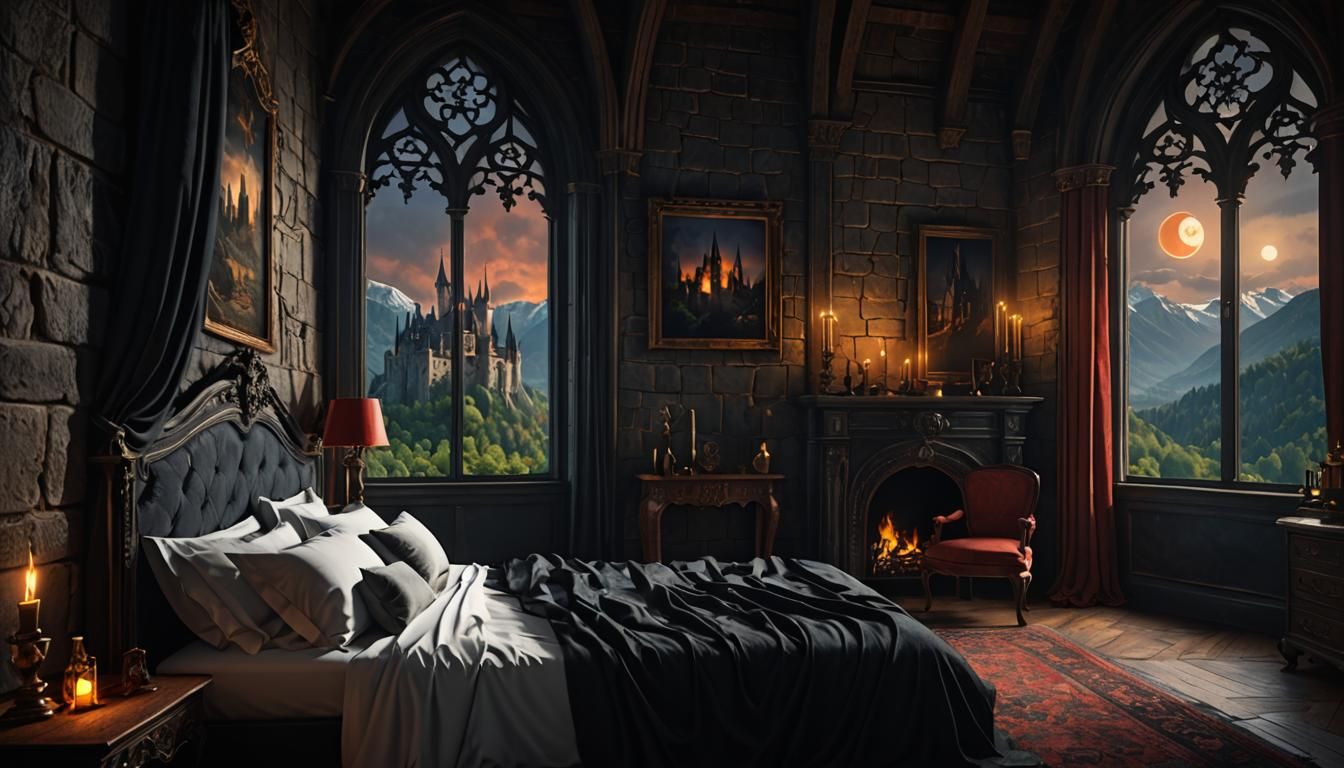 Gothic Castle Bedroom with Woman in Moonlight