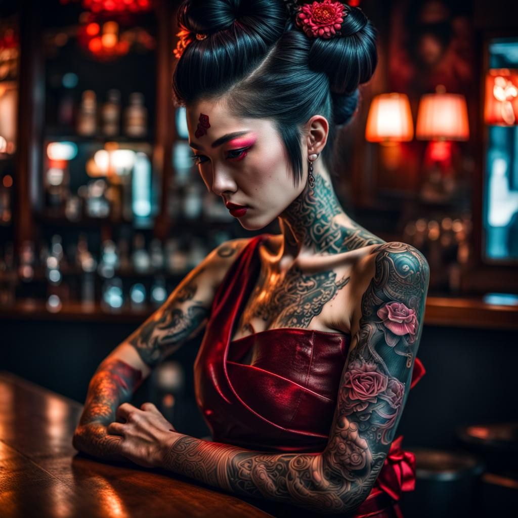 Cyberpunk Geisha at Bar in Hyperrealistic Style