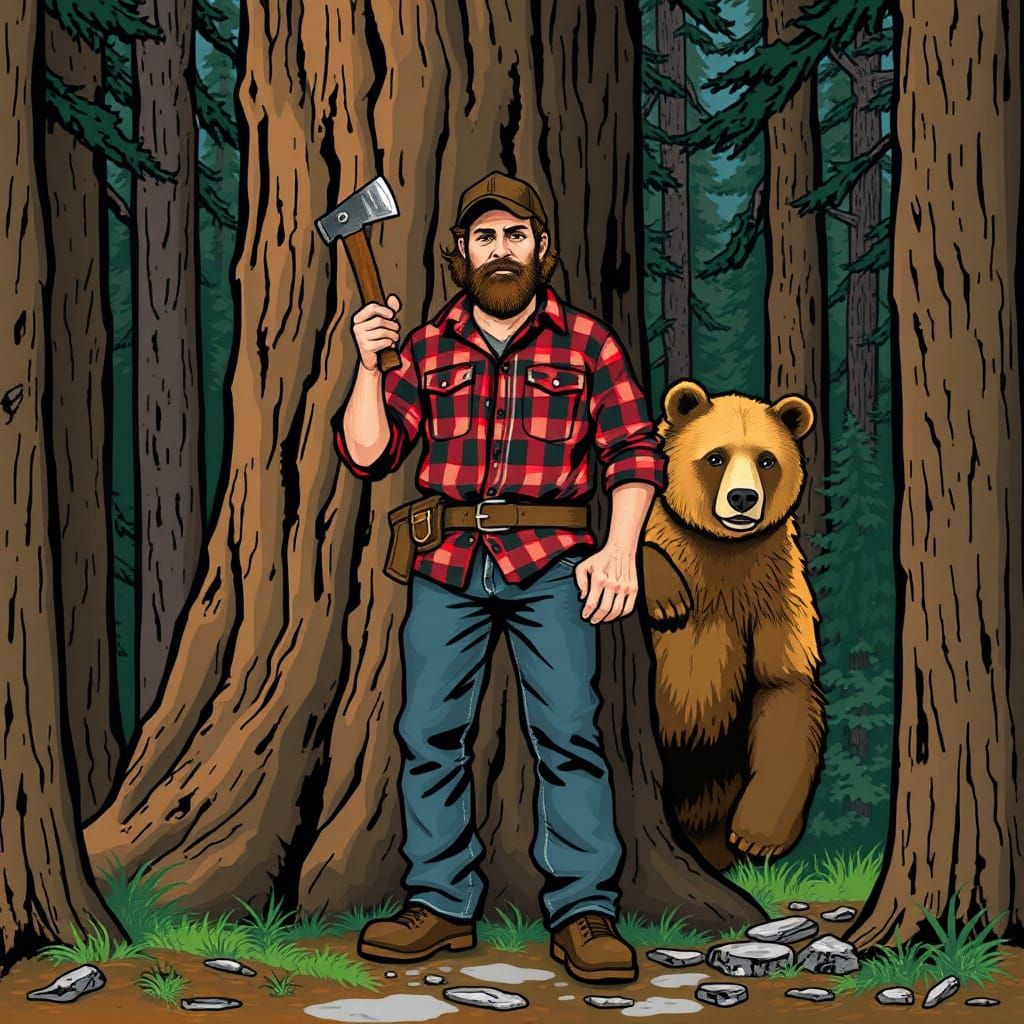 Lumberjack and Bear in Cloisonnism Style