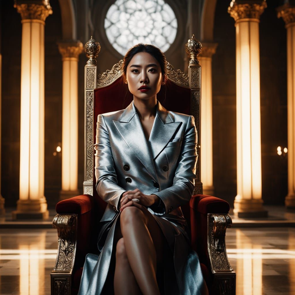 Elegant Asian Woman Reigns in Majestic, Golden-Toned Hallway