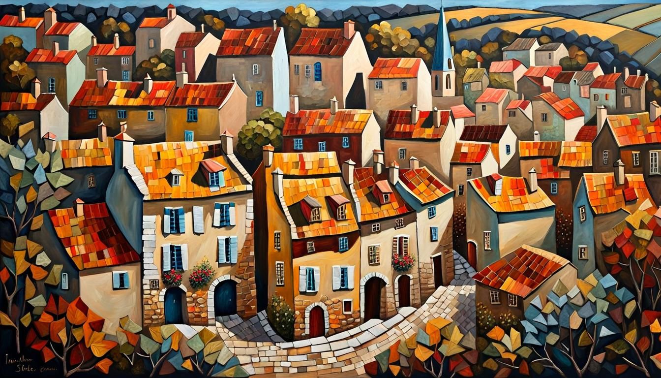 Quaint French Village in Mixed Media Collage