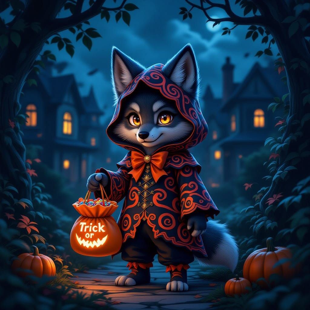 Anthropomorphic Wolf in Halloween Costume Holding Candy Bag