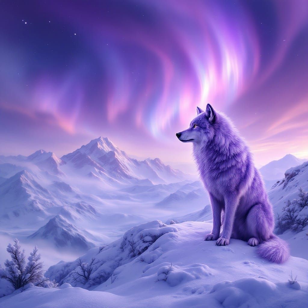 Ethereal Purple Arctic Wolf Amidst Icy Aurora