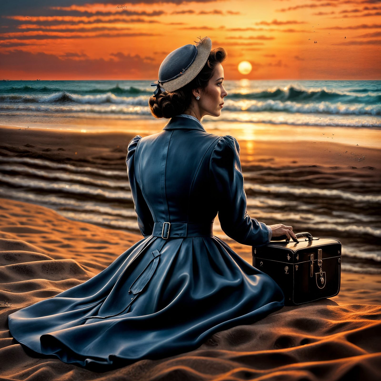 Lonely Widow Waits at Sunset: Hyperrealistic WWII Scene