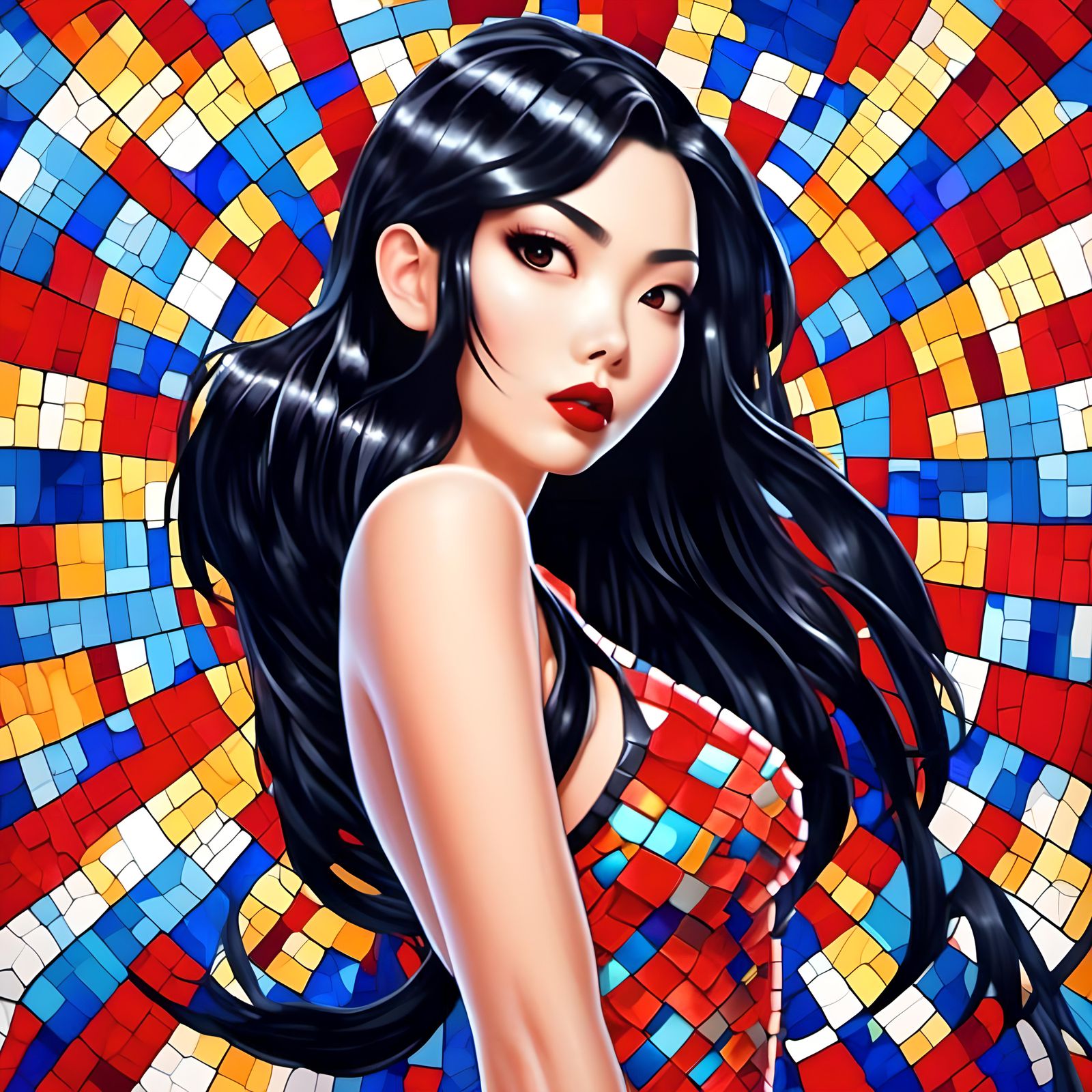 Stunning Asian Pin-Up in Mosaic Digital Art