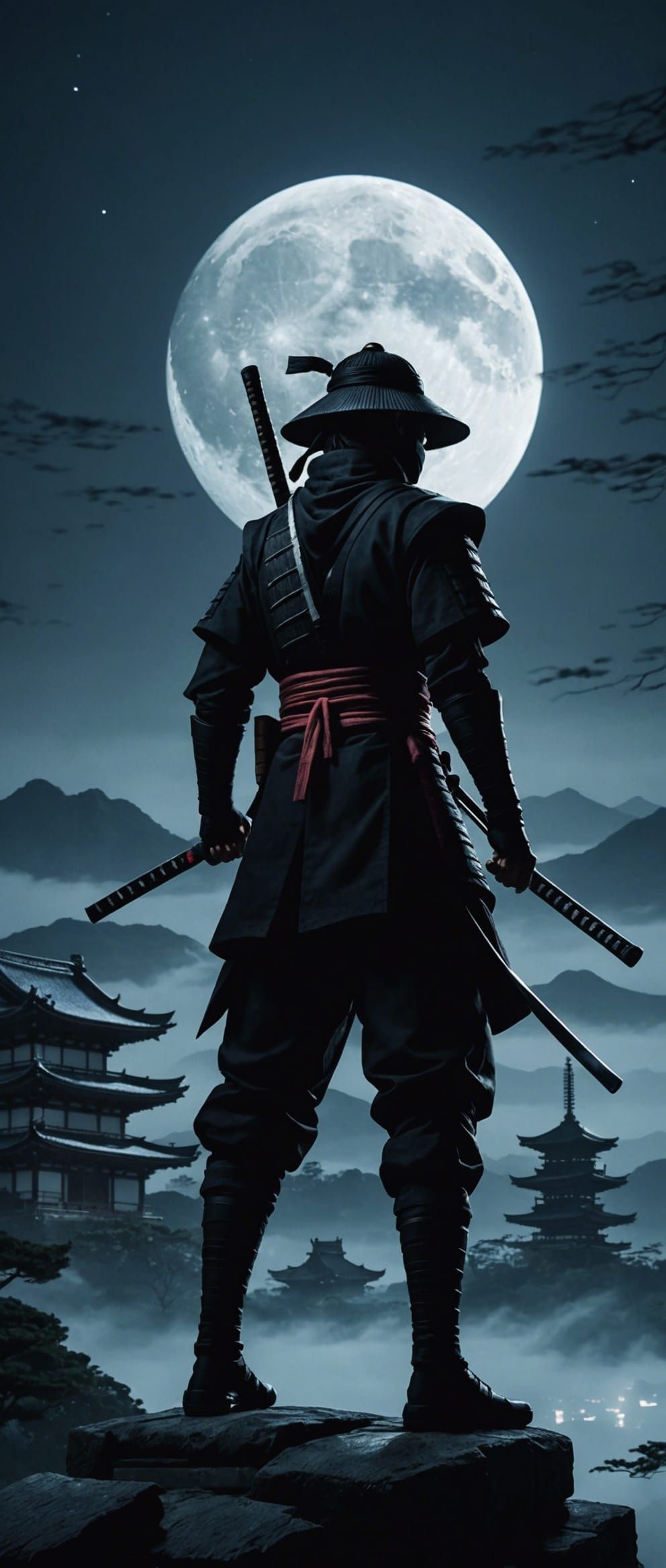Ninja Silhouette on Temple Under Moonlight