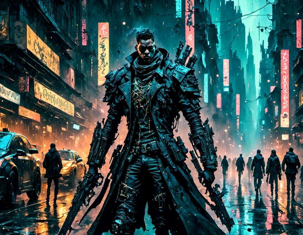 Cyberpunk Armored Swordsman with Laser Sword