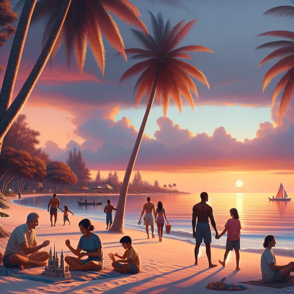 Tranquil Beach Sunset Scene With Diverse People