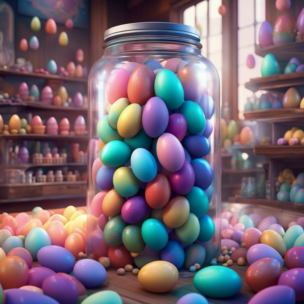 Whimsical Rainbow Eggs in Candy Store, Detailed Art