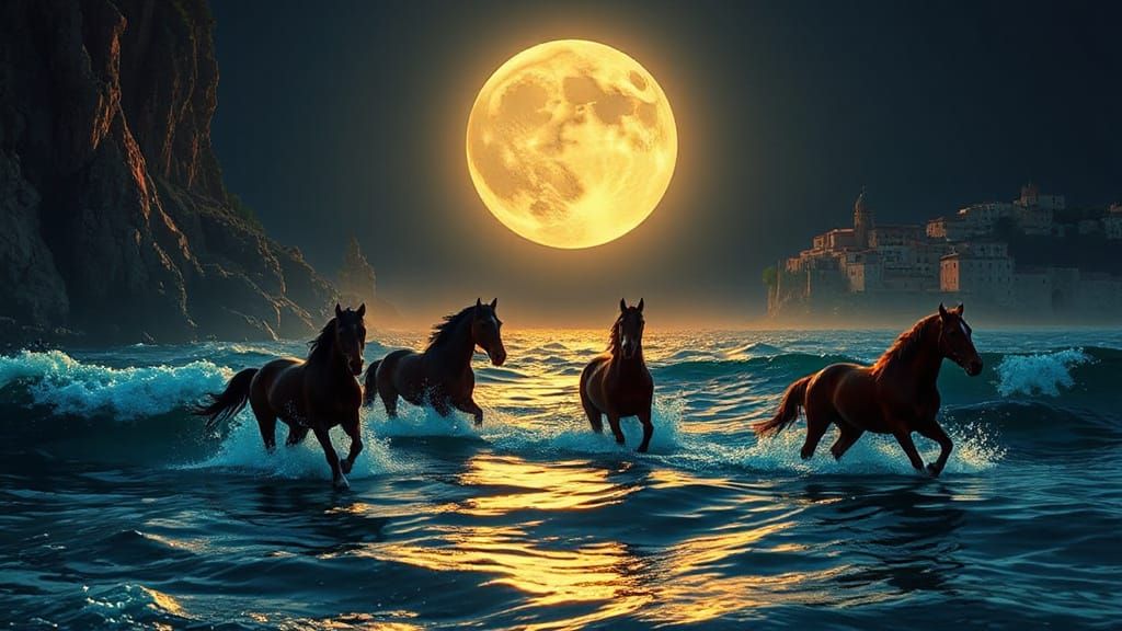Bioluminescent Horses Emerge from the Sea
