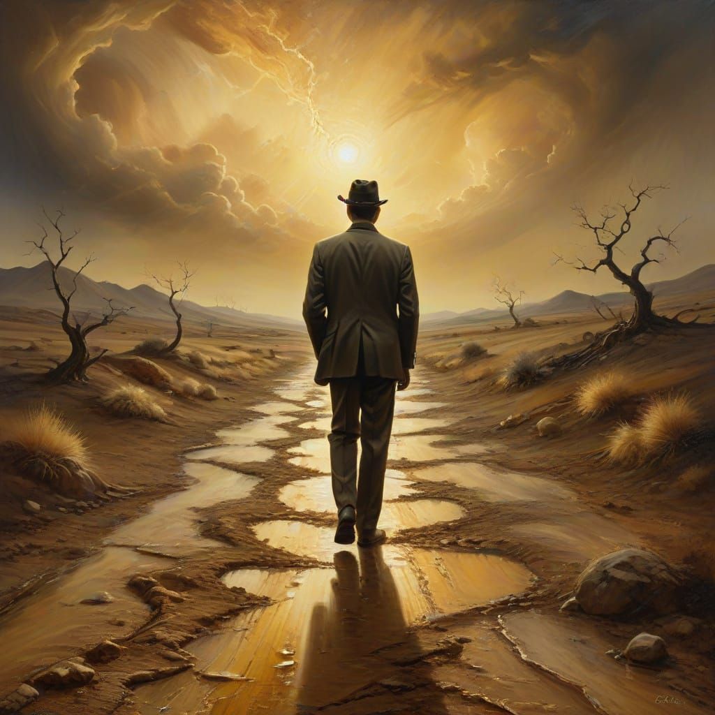 Man Walks into Surreal Landscape