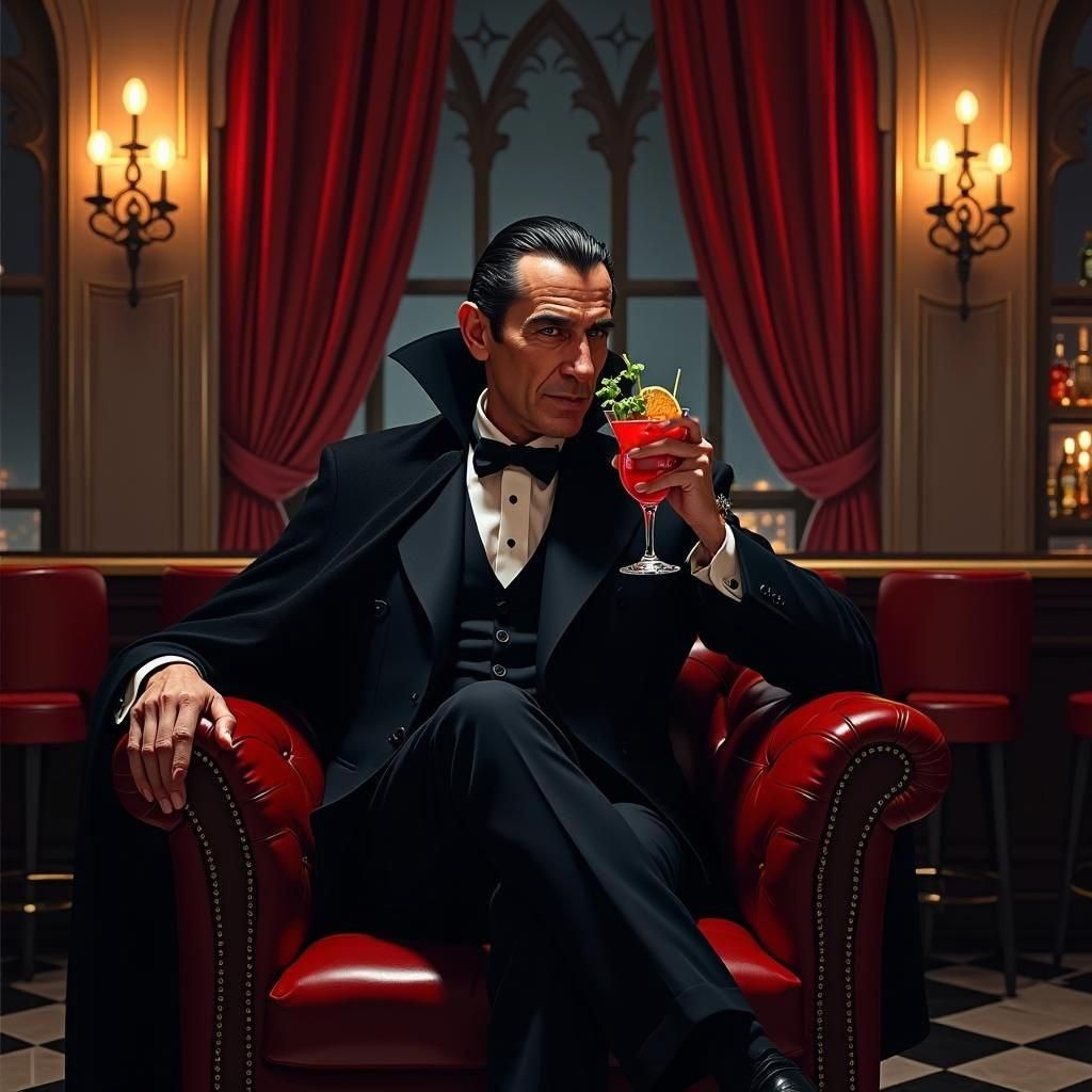 Bela Lugosi's Graf Dracula, sitting on a Barchair in a Cockt...