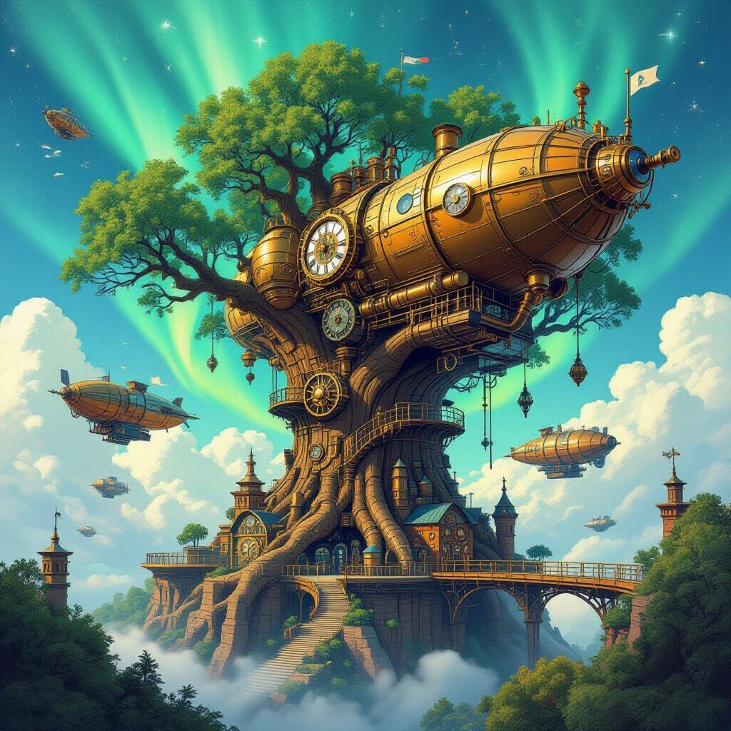 Steampunk City Inside Giant Tree with Aurora Sky