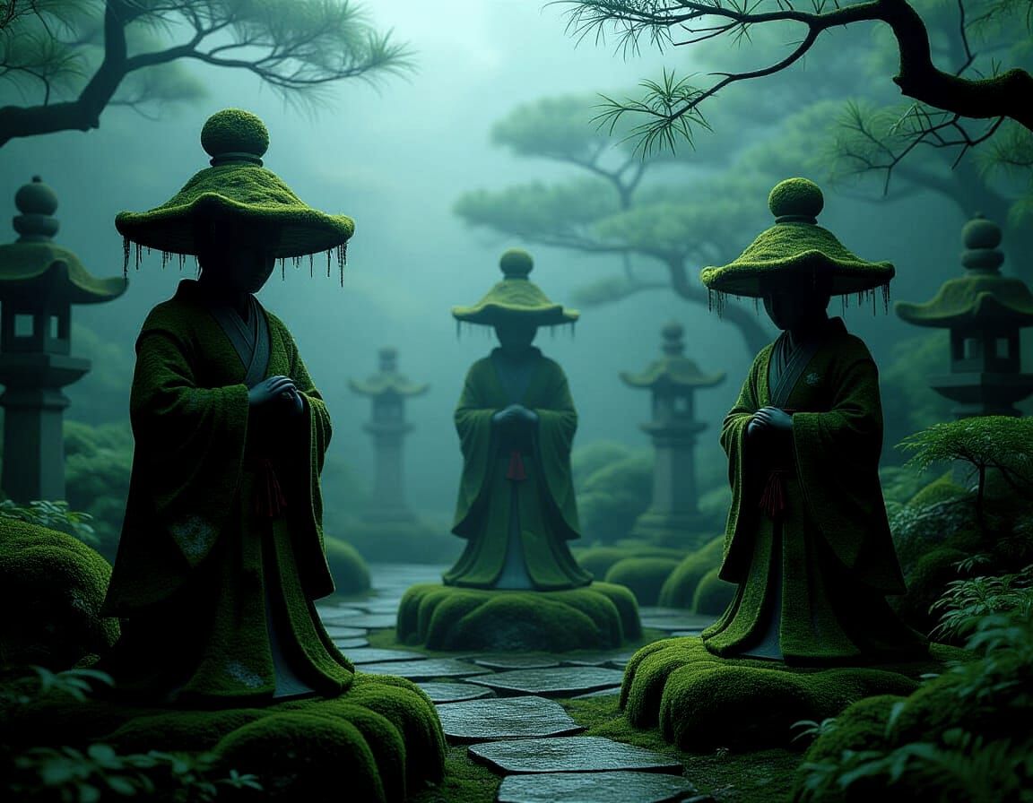 Haunted Japanese Garden with Yokai Sculptures in Eerie Mist