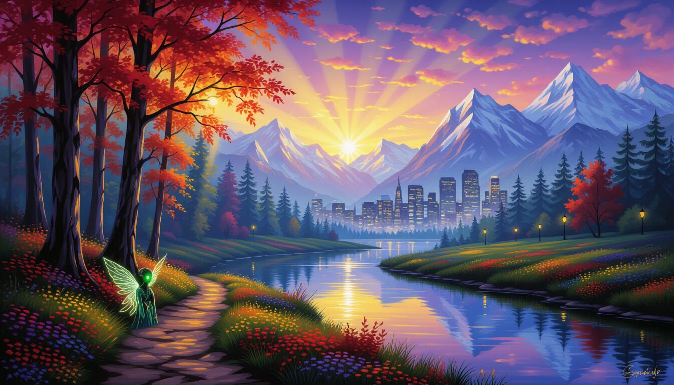 Surreal Autumnal Landscape with Elf and Dragon