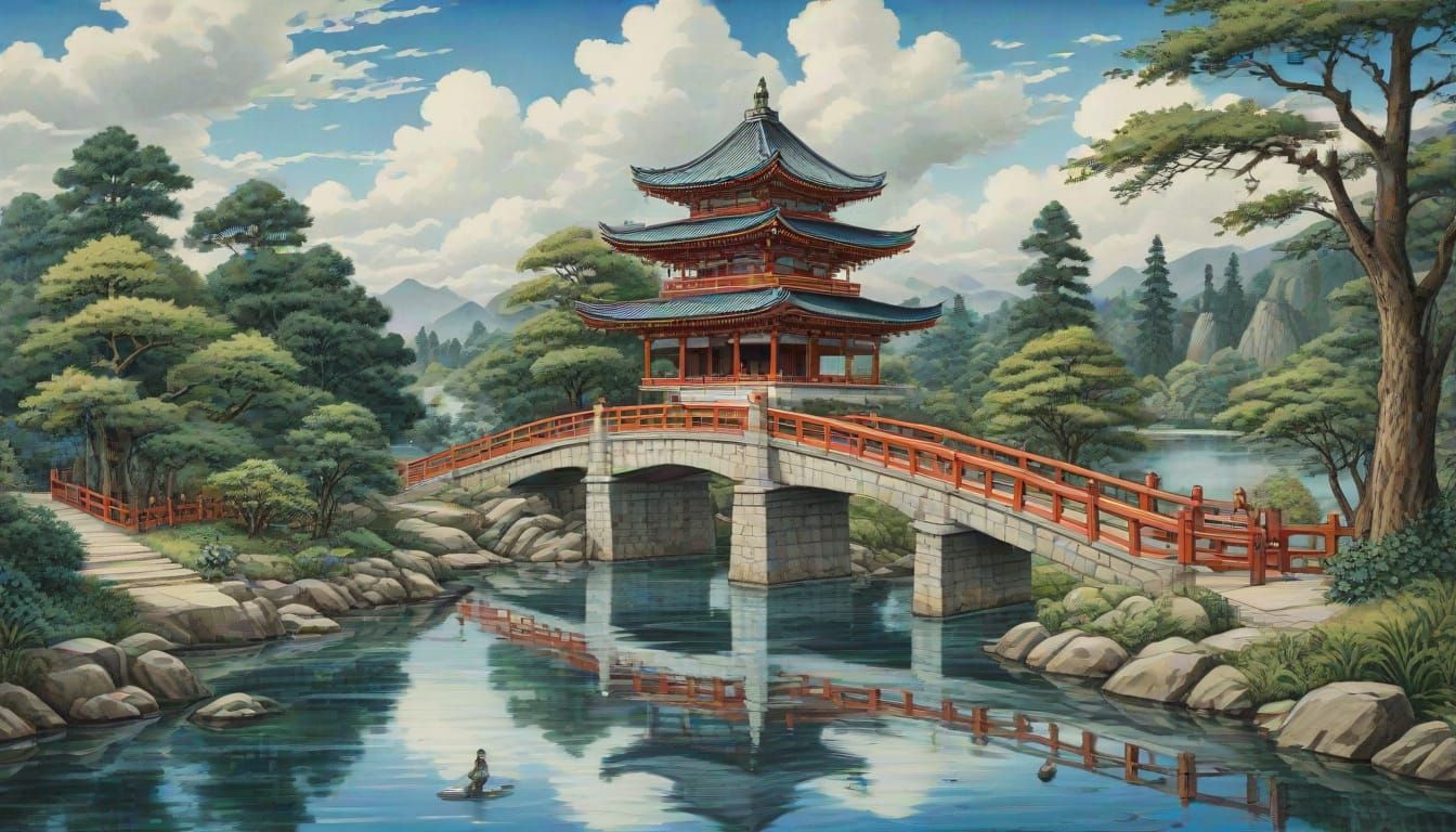 Japanese Pagodas and Ponds in Watercolor Style