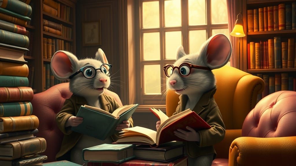 Whimsical Mice in a Cozy Library Setting