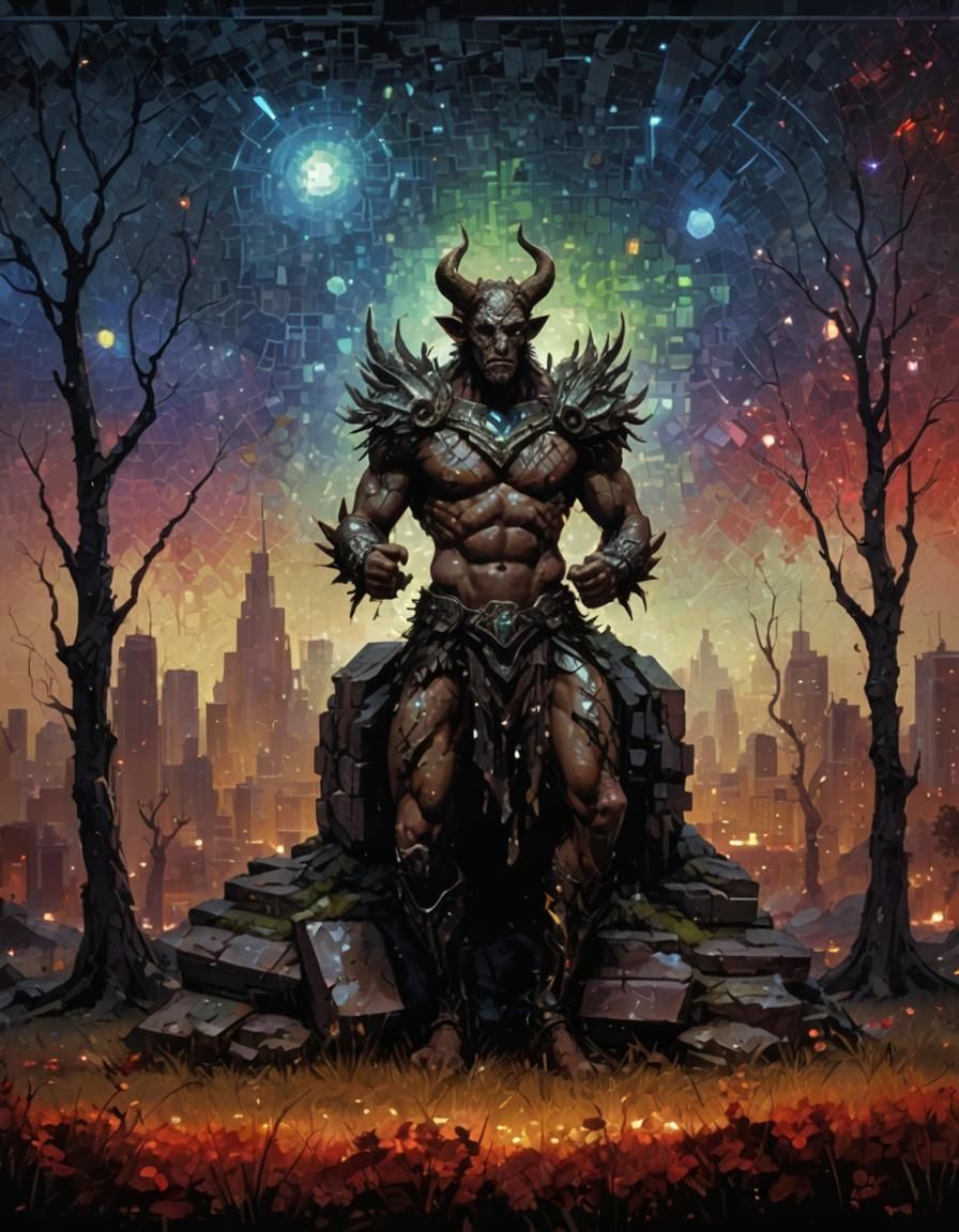 Pixelated Neofuturistic Satyr in Surreal Landscape