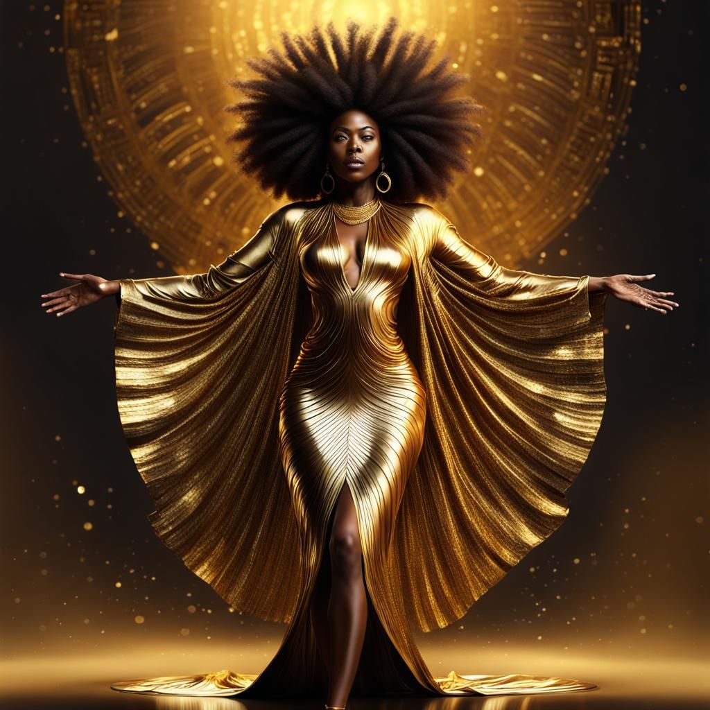 black woman with afro, full body shot, standing, arms outstr...