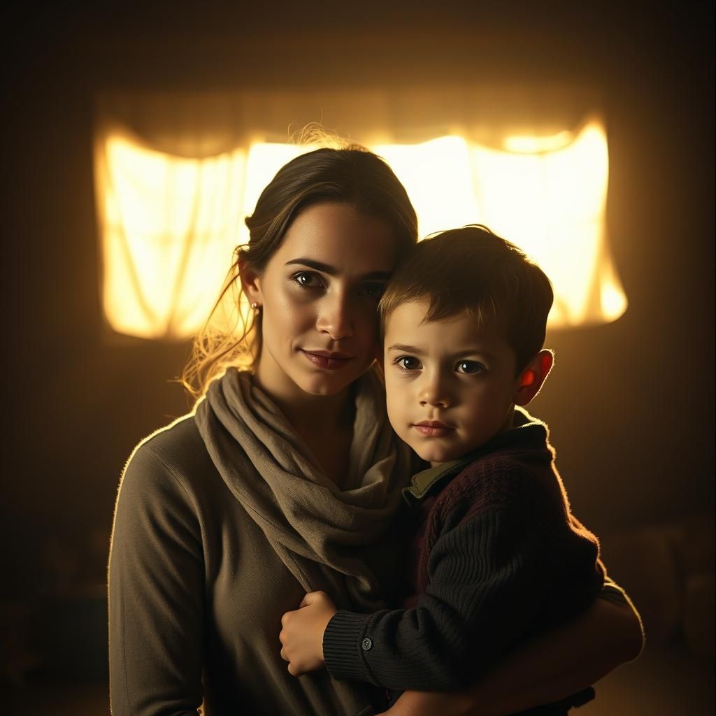 Dramatic Portrait of Mother and Son in Golden Light