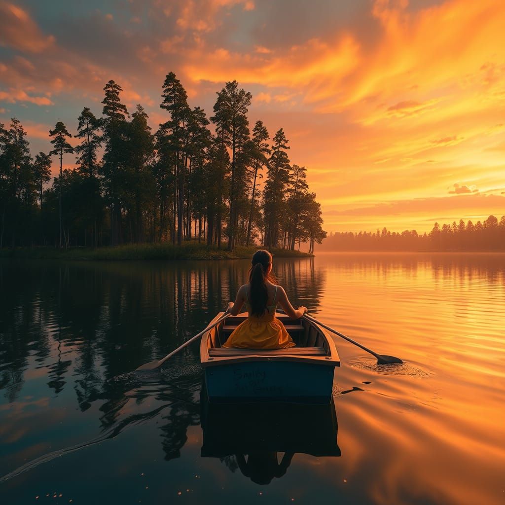 Surreal Sunset Scene with Woman in Row Boat on Lake