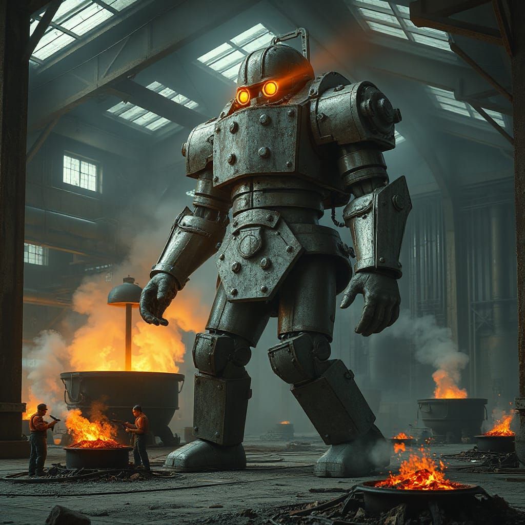 Dieselpunk Steel Golem Striding Through Wasteland